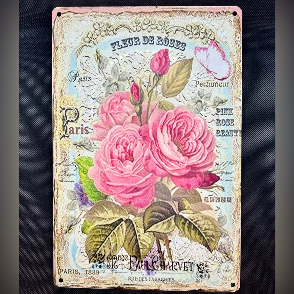 Vintage Style Pink Cabbage Rose Decorative Wall Tin NEW